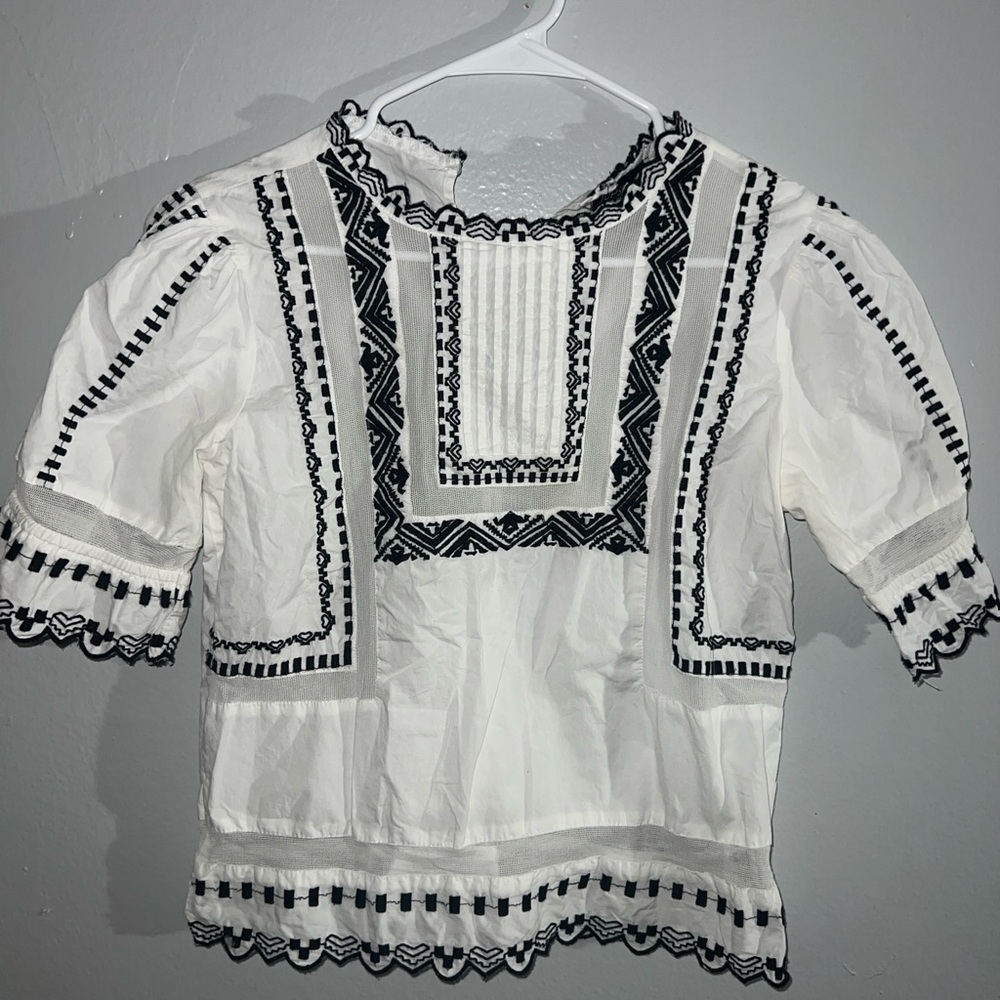 Topshop White Peasant Blouse with Black Embroidery